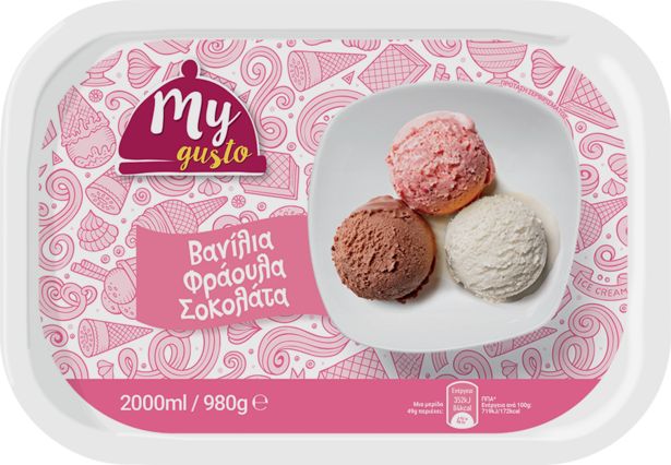 Προσφορά My Gusto Παγωτό Βανίλια Σοκολάτα Φράουλα 980gr για 3,81€